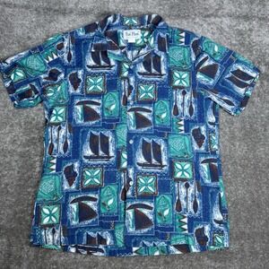 Kai Nani Shirt Men's Large Blue Hawaiian Boats Shells Beach True Vintage Camp‎